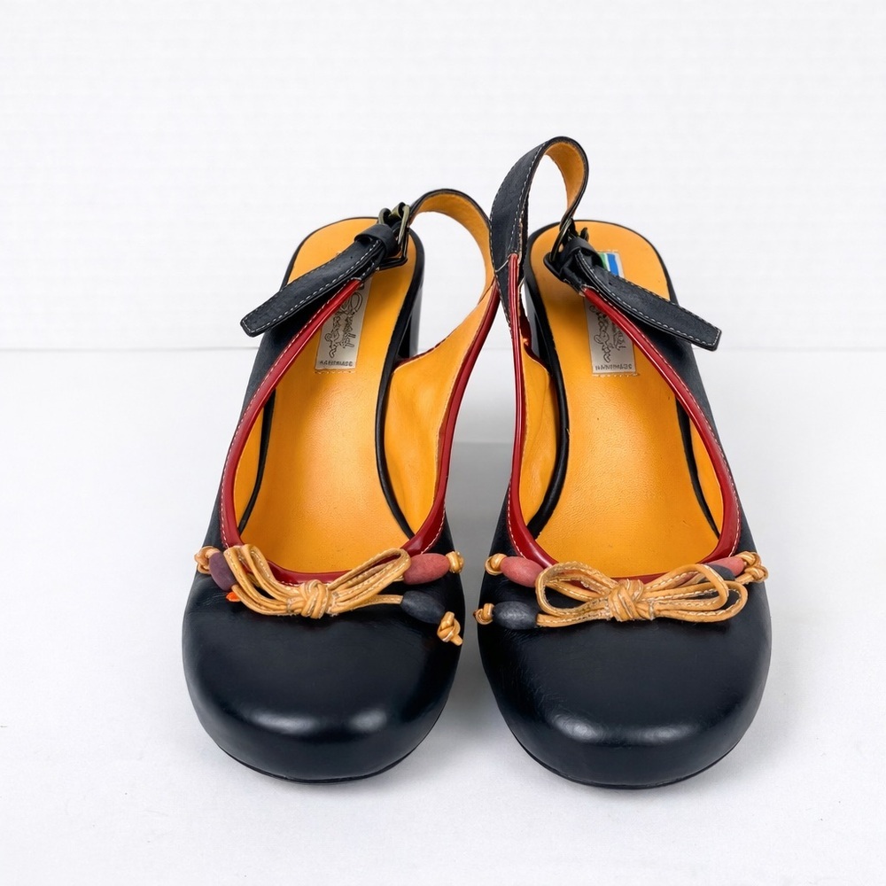 Arnold Churgin Handmade Italian Leather Slingback Heels Size 39 Black Beaded Bow